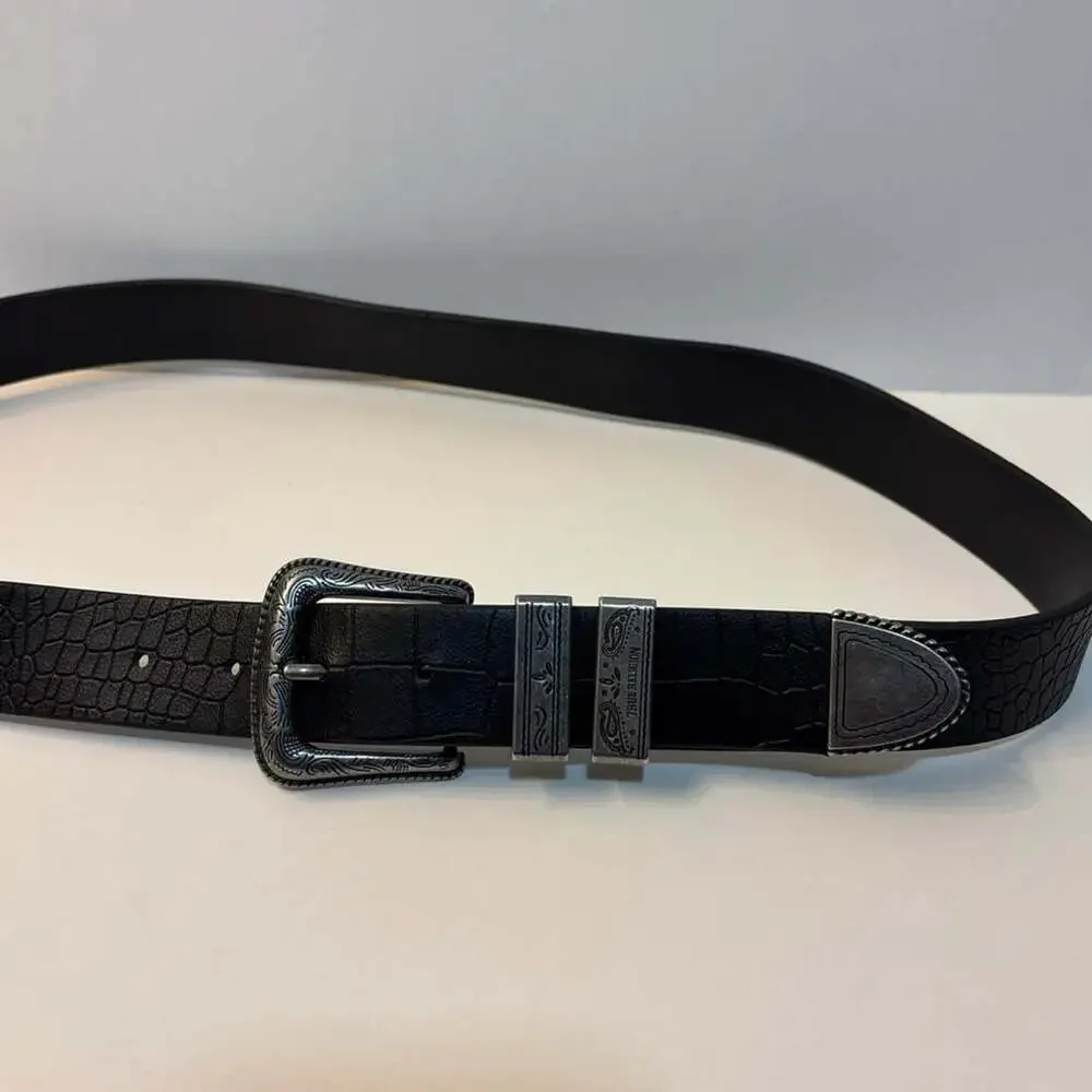 True Religion Mens Black Crocodile Embossed Western Belt